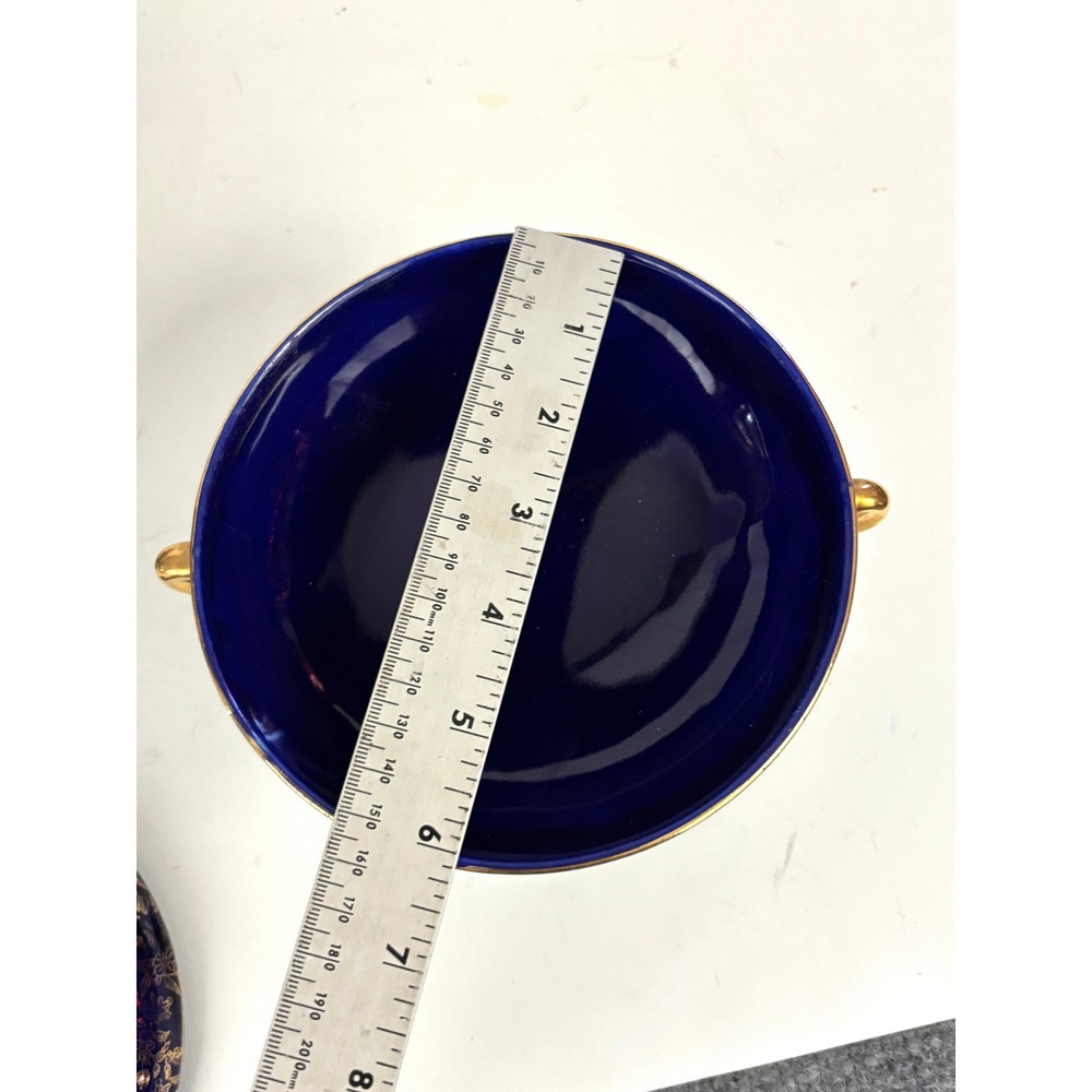 Vintage Cobalt‎ Blue Footed Covered Candy Dish Pair Gold Floral Japan - Picture 13 of 16